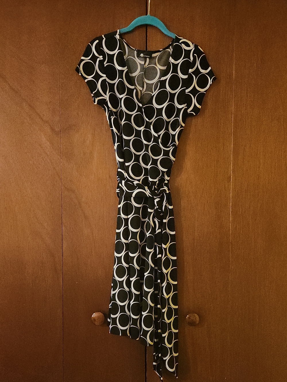AB Studio Black & White Circle-Print Midi Wrap Dress with Tie Waist